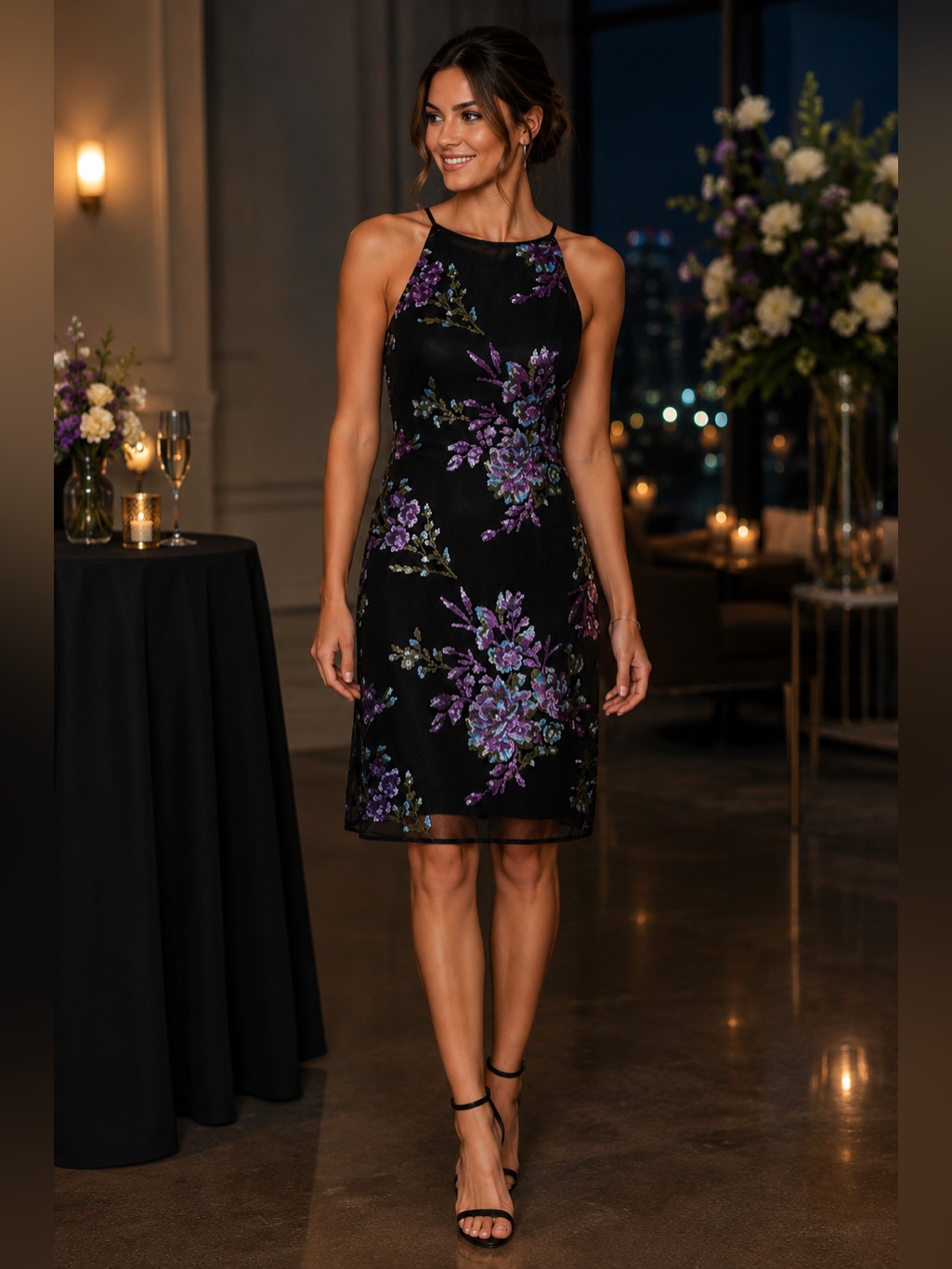 White House Black Market 00 Floral Sequin Mesh Cocktail Dress